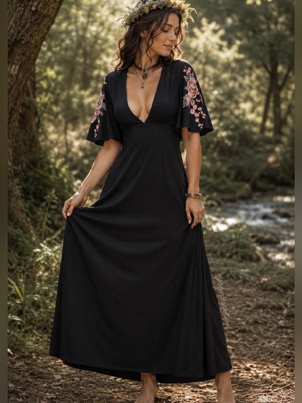 Black Plunging V Neck Floral Flutter Sleeve Maxi Dress